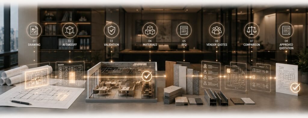 An eight-step AI construction workflow shown as connected icons above physical drawings, a 3D fit-out model, and material samples